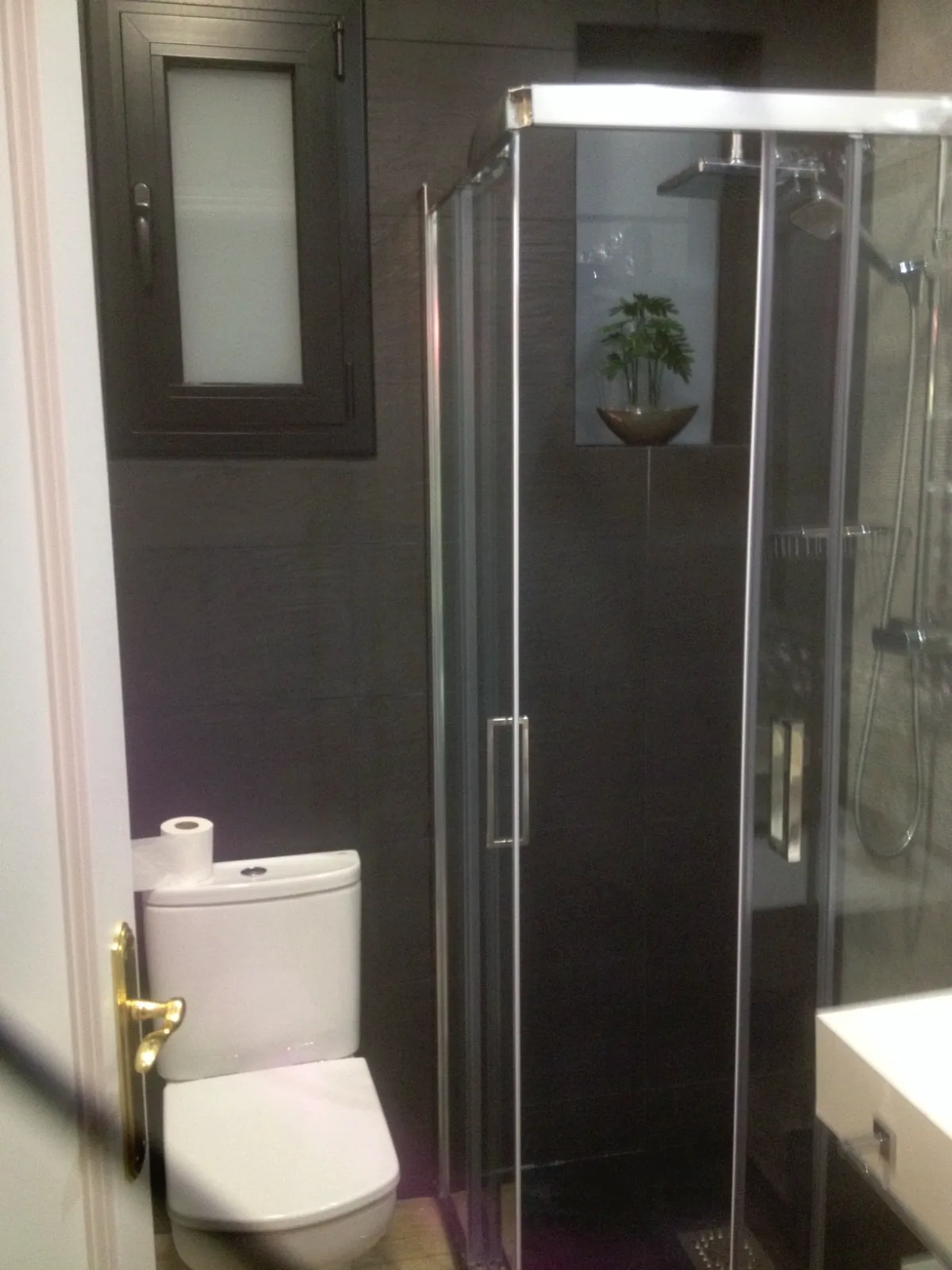 Baño reformado en gris con mampara angular de vidrio