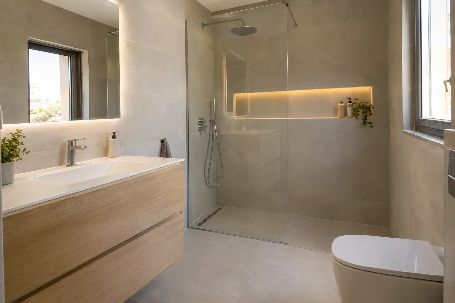 Baño en gris claro con ducha a ras de suelo y hornacina iluminada