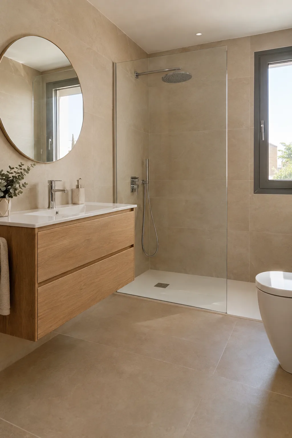 Baño reformado con plato extraplano, mampara y mueble de madera