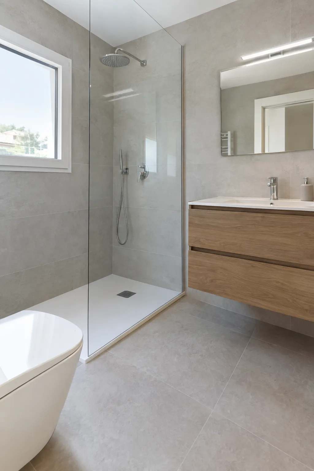 Baño reformado con plato de ducha y mueble suspendido