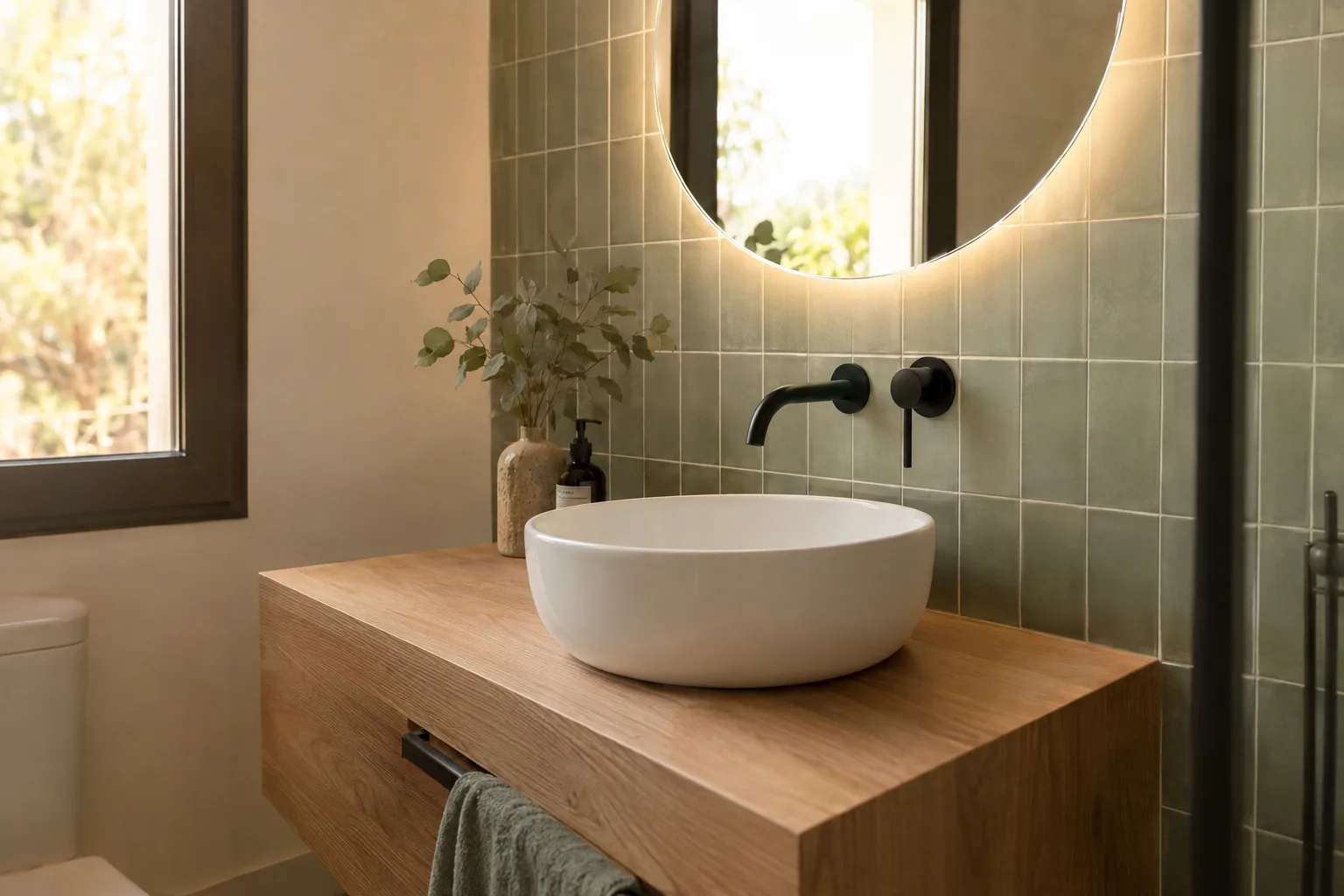 Lavabo sobre encimera de madera con grifo de pared negro