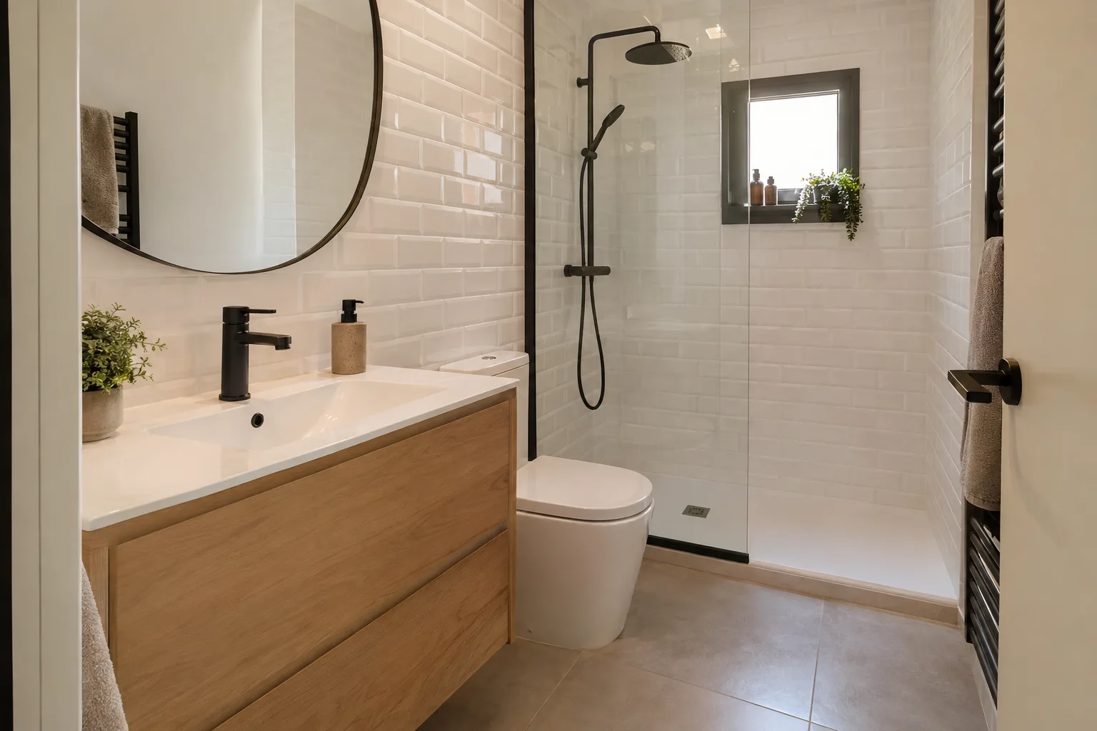Baño con mueble de madera clara, grifería negra y azulejo metro