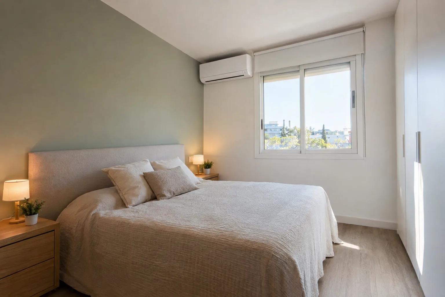 Dormitorio con split de aire acondicionado sobre la ventana