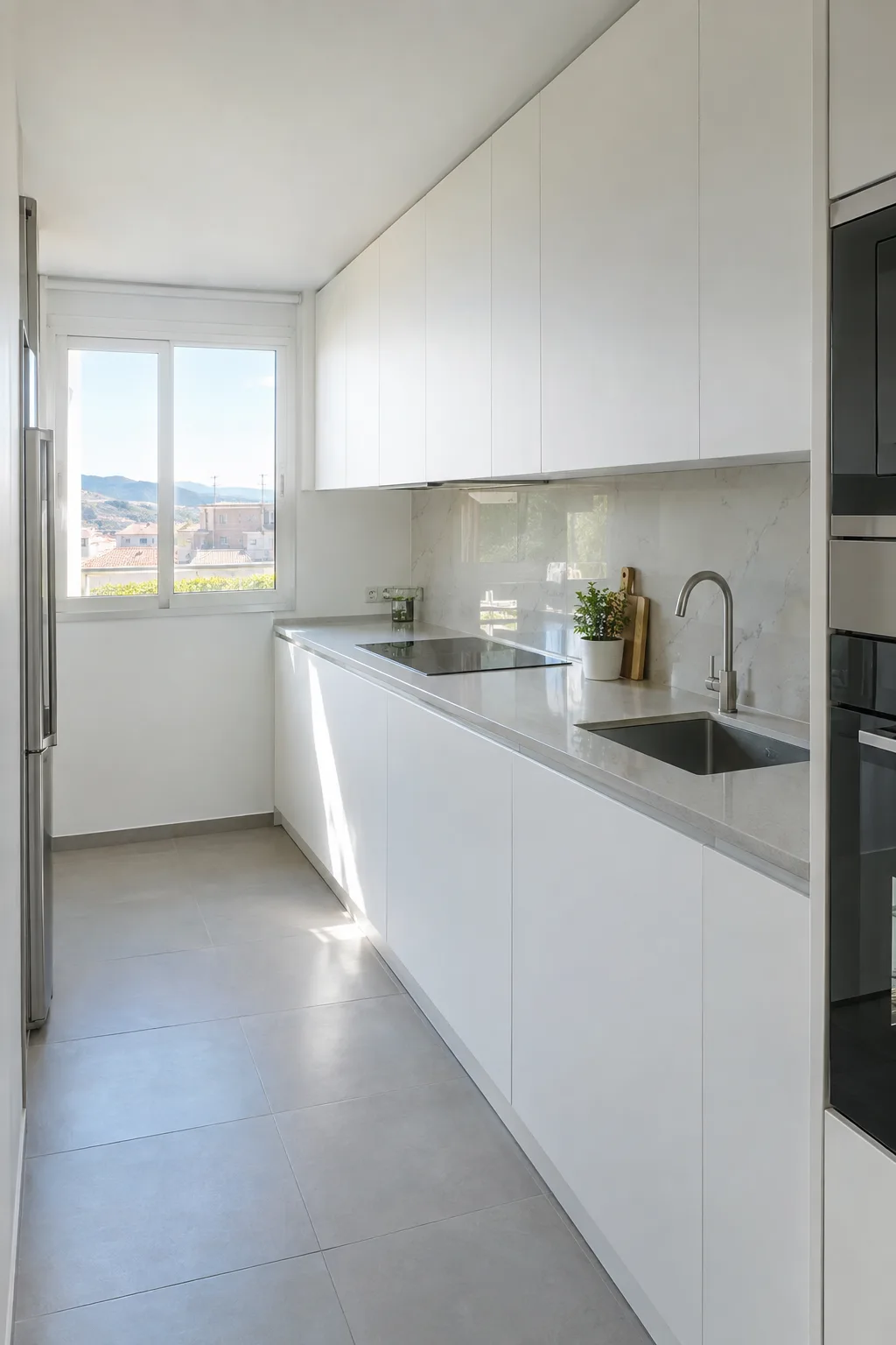 Cocina reformada con muebles blancos y encimera de cuarzo