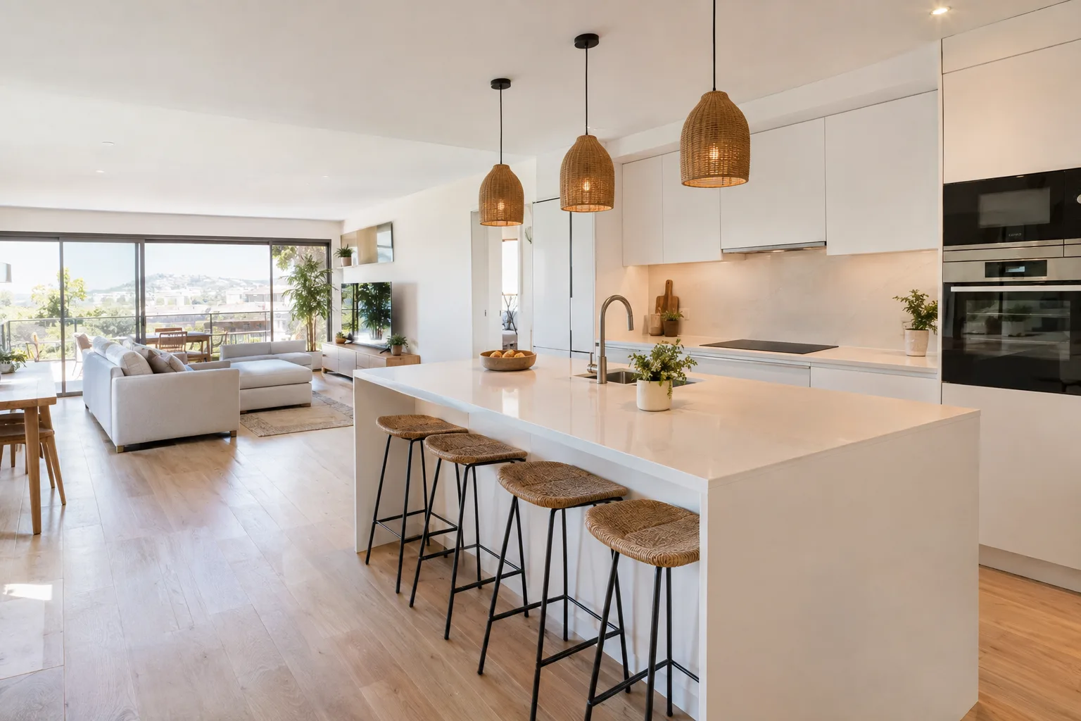 Cocina abierta al salón con isla y taburetes