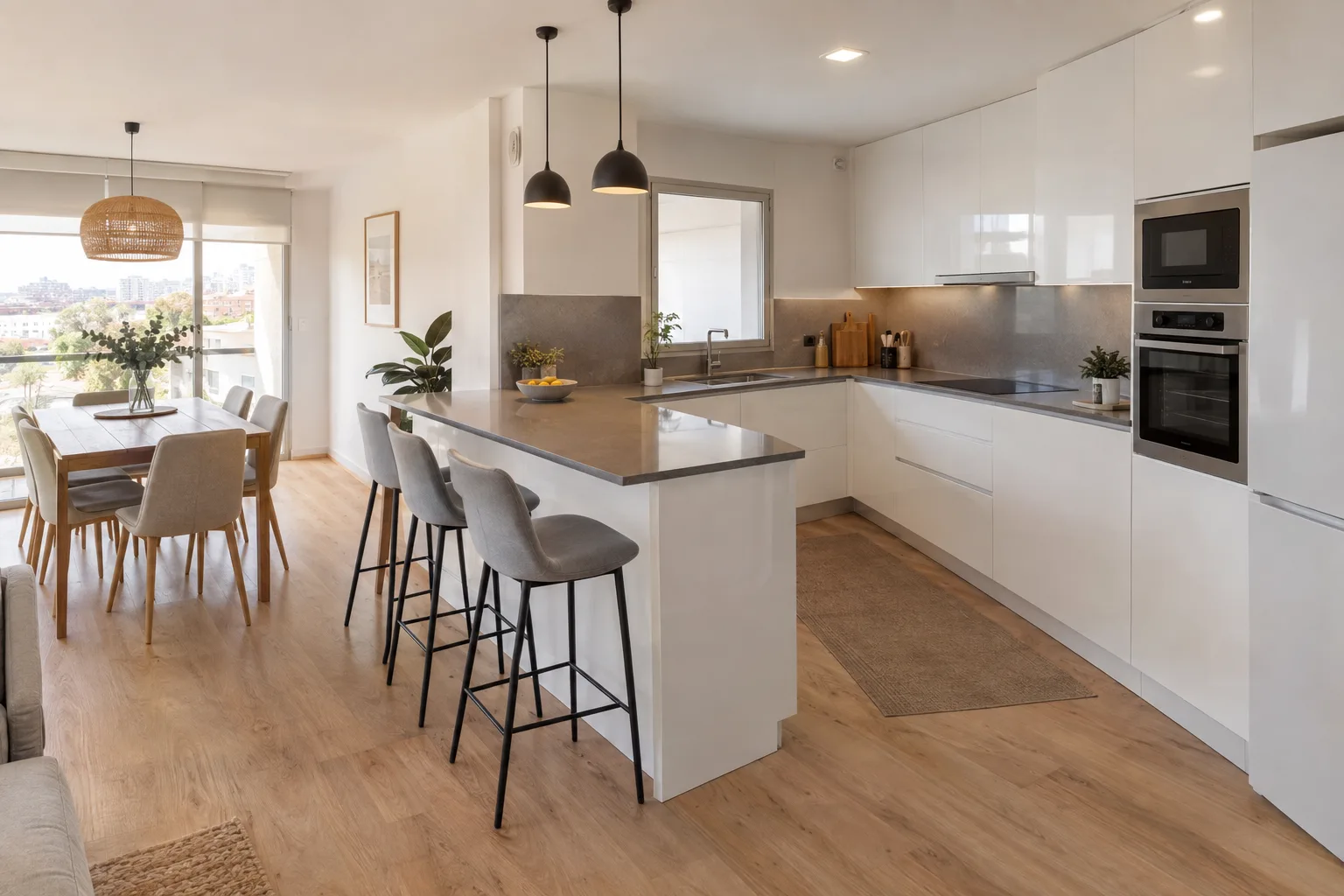 Cocina en U con península abierta al comedor