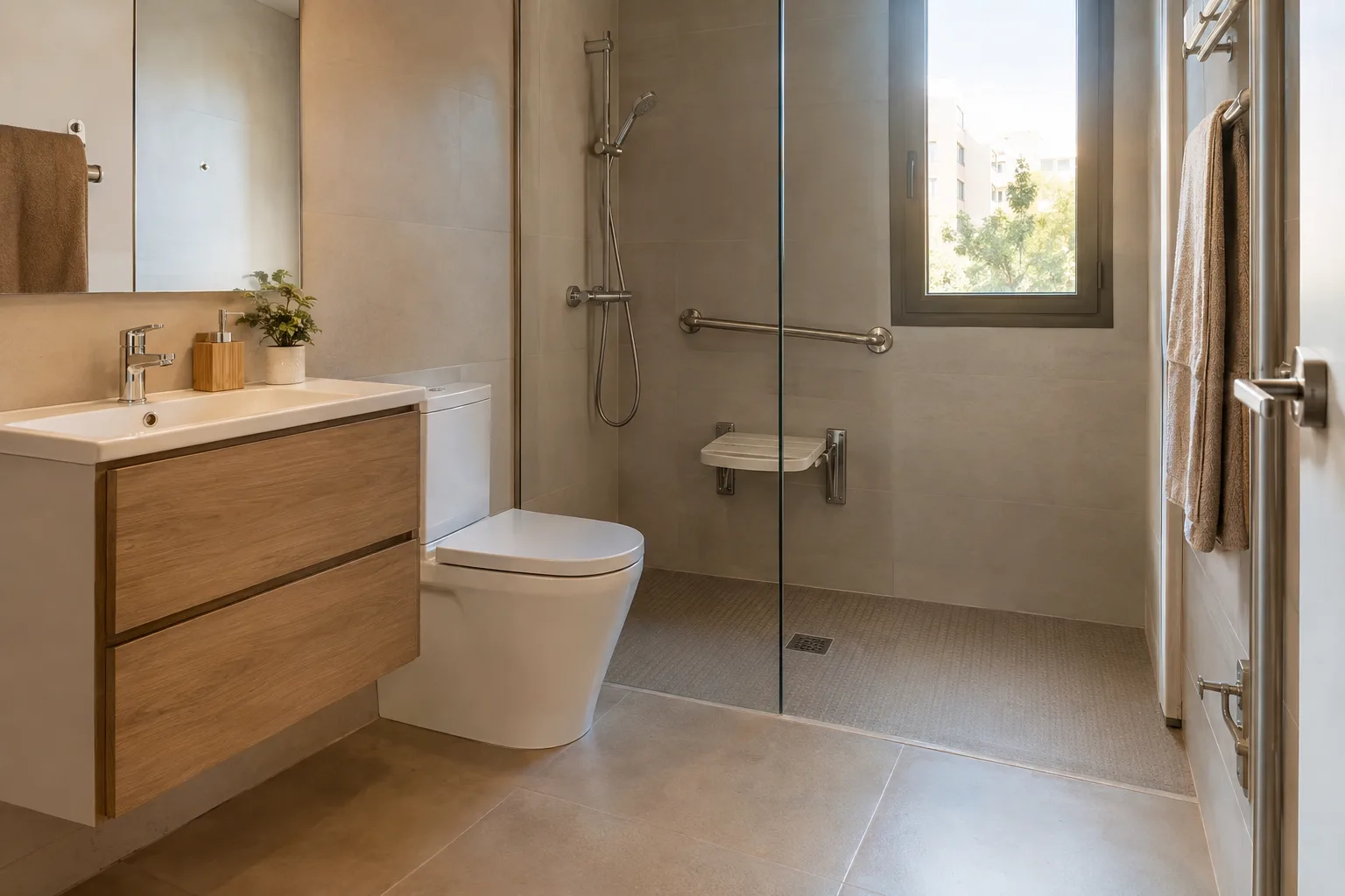 Ducha accesible con barra de apoyo y asiento abatible