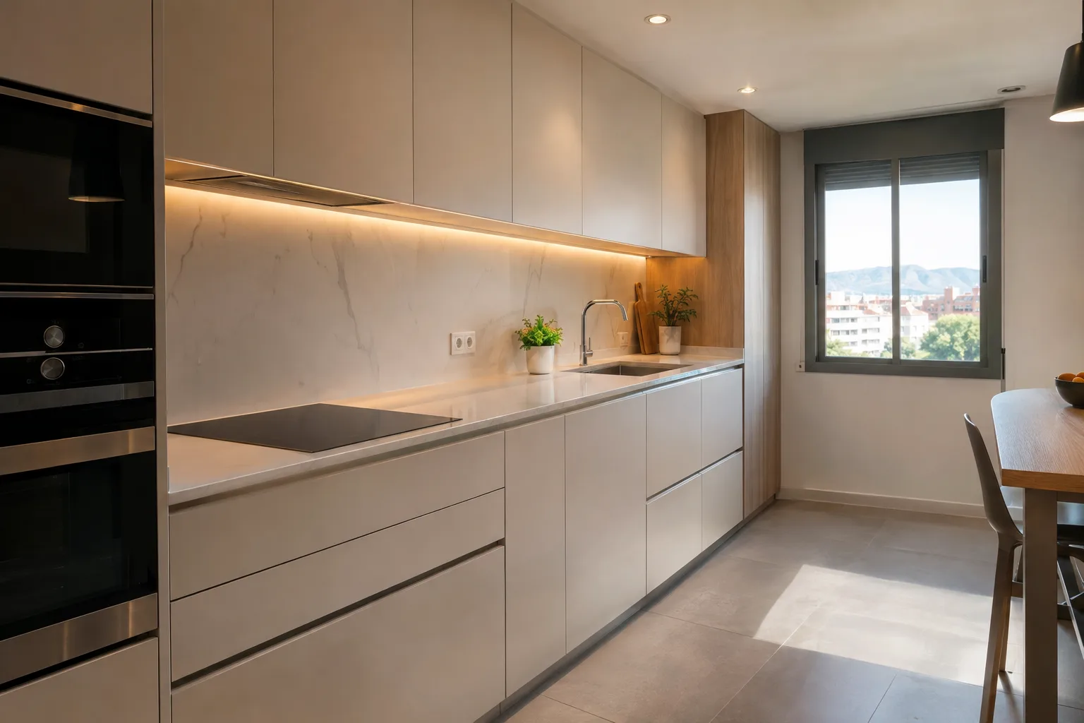 Cocina con iluminación LED bajo los muebles y focos empotrados