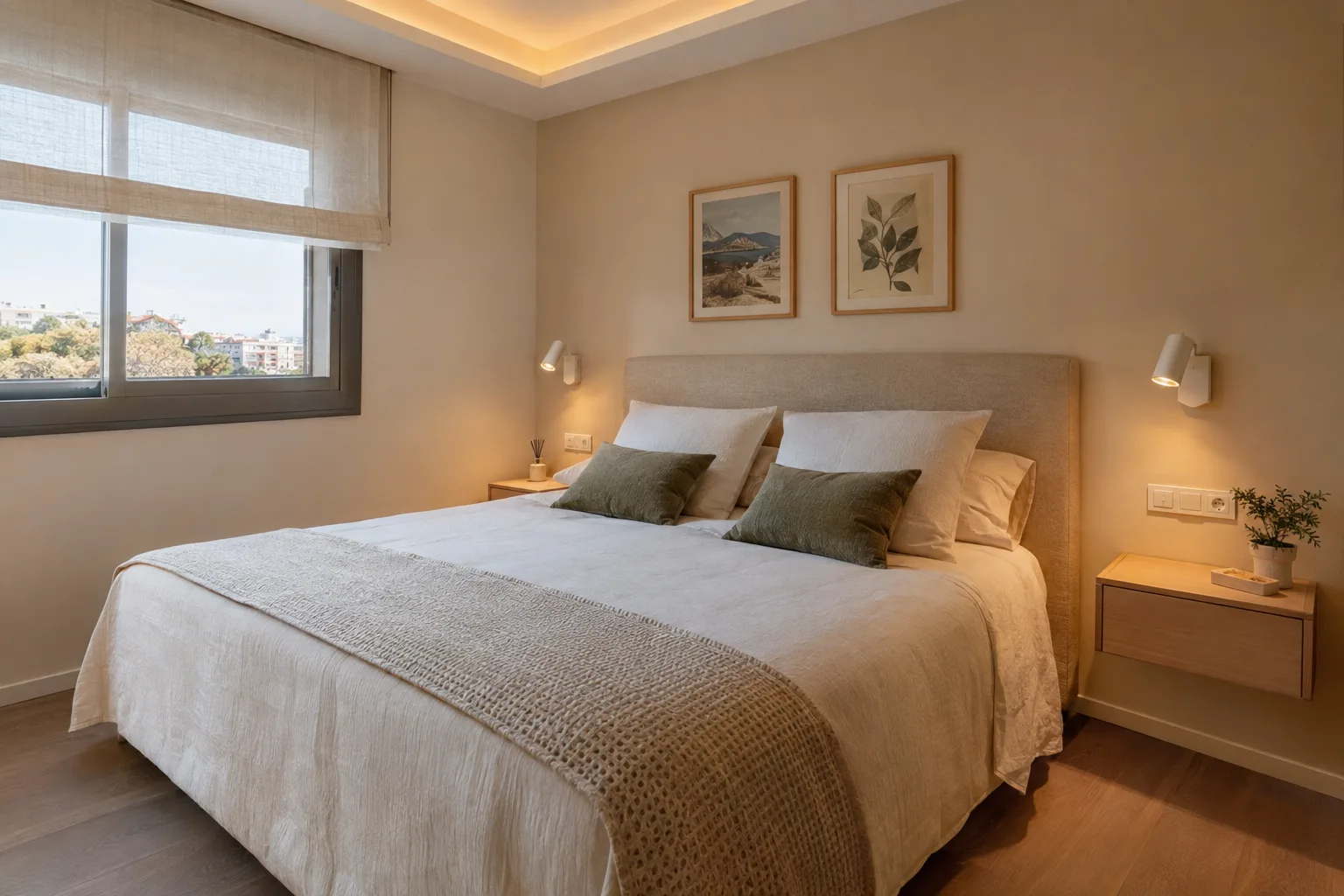 Dormitorio con apliques de lectura y luz indirecta en el techo