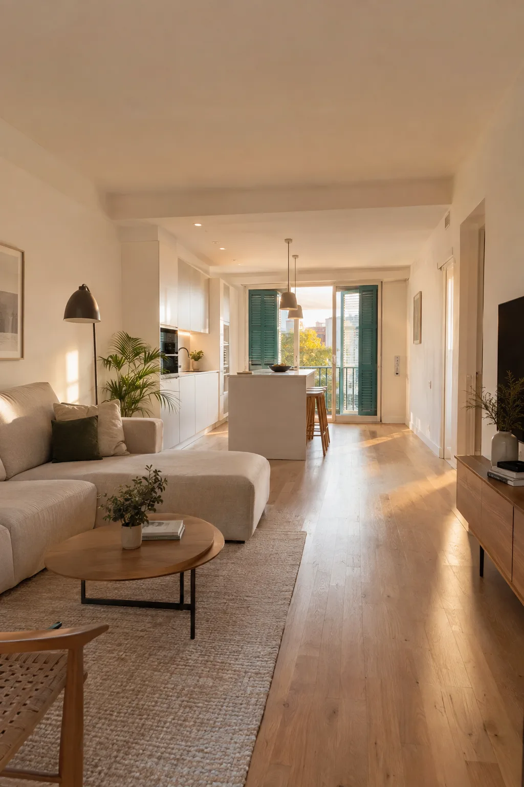 Salón comedor de un piso reformado con cocina abierta y suelo de madera
