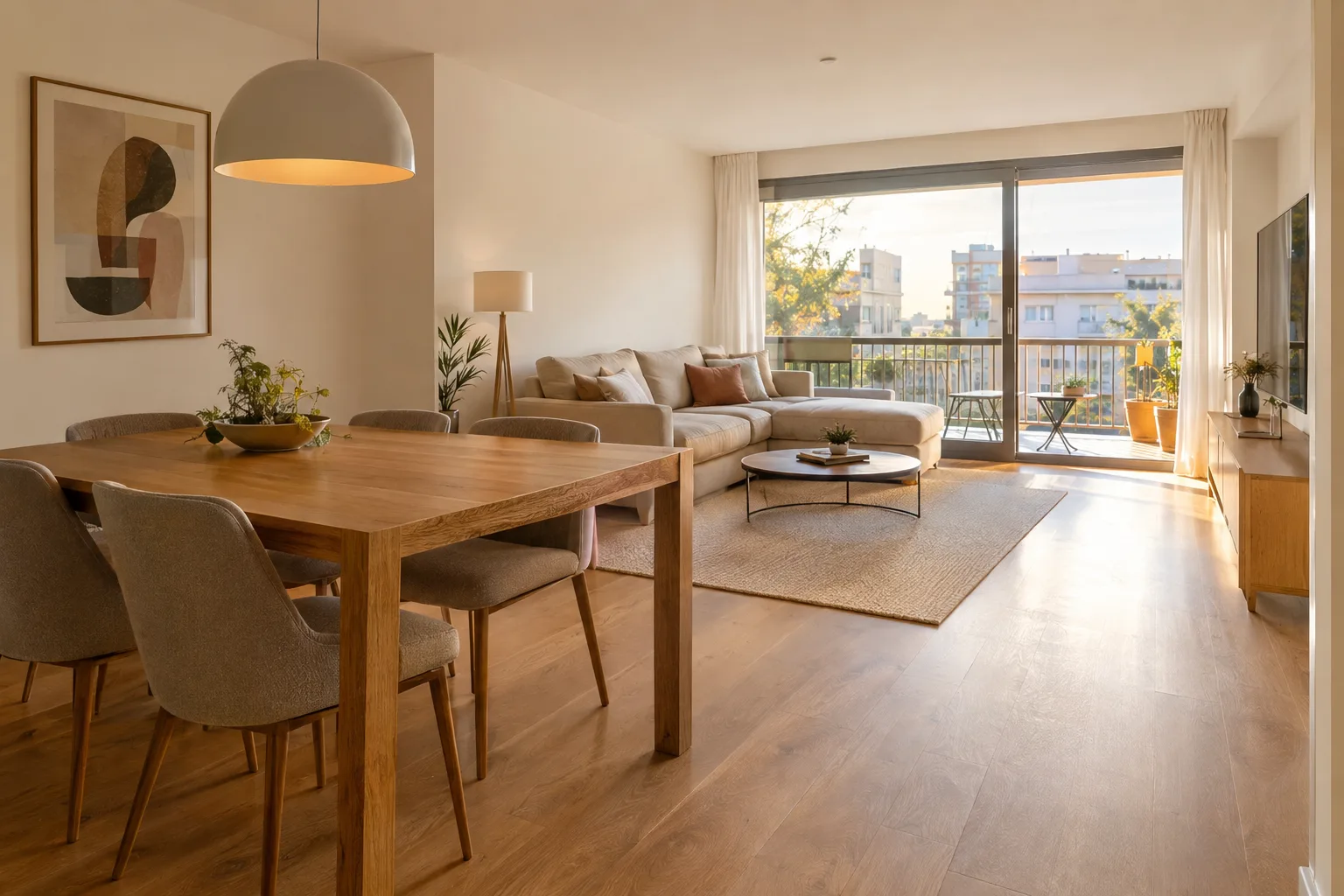 Salón comedor de un piso reformado con suelo de roble y balcón