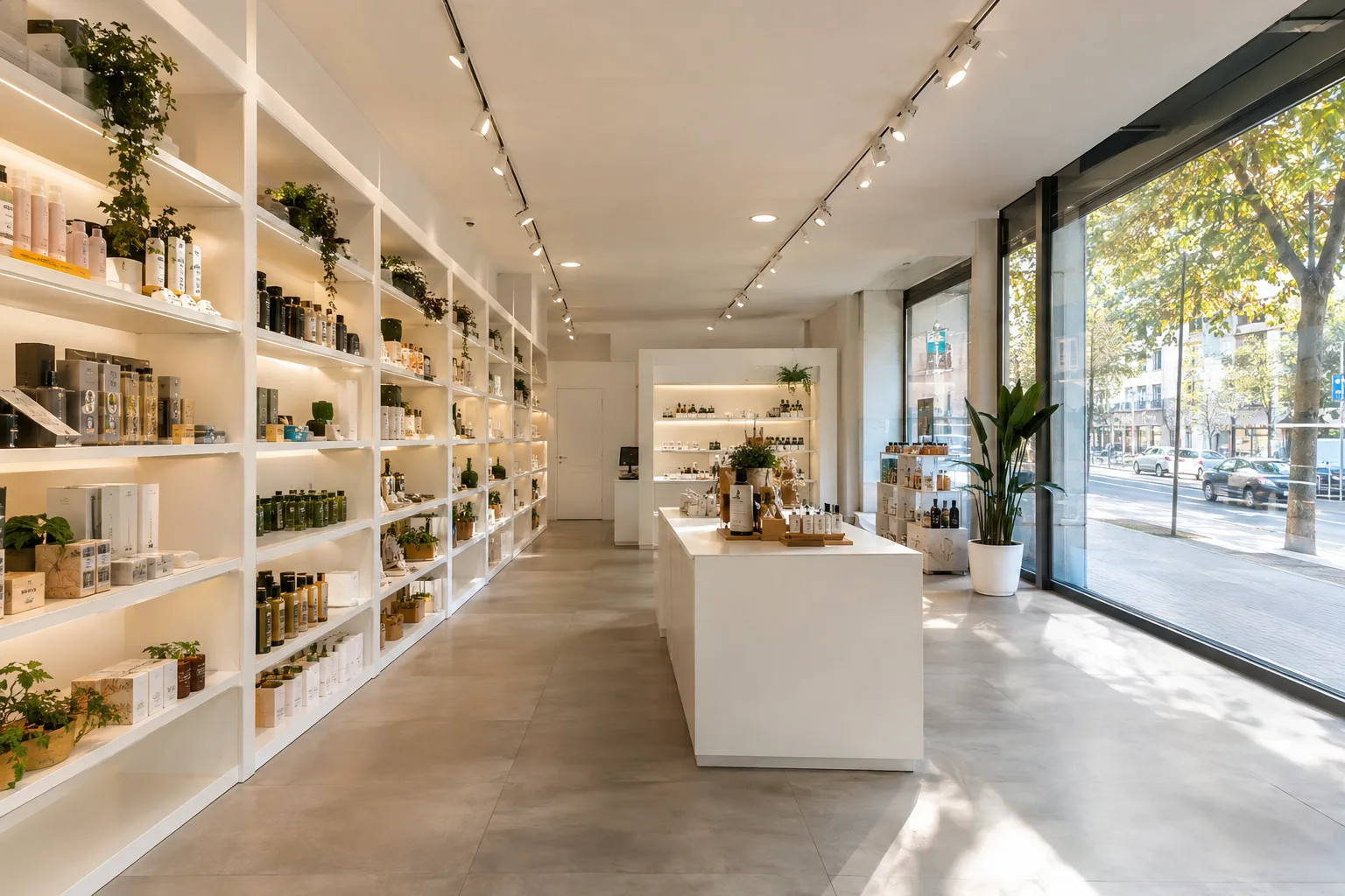Tienda a pie de calle reformada con estanterías blancas
