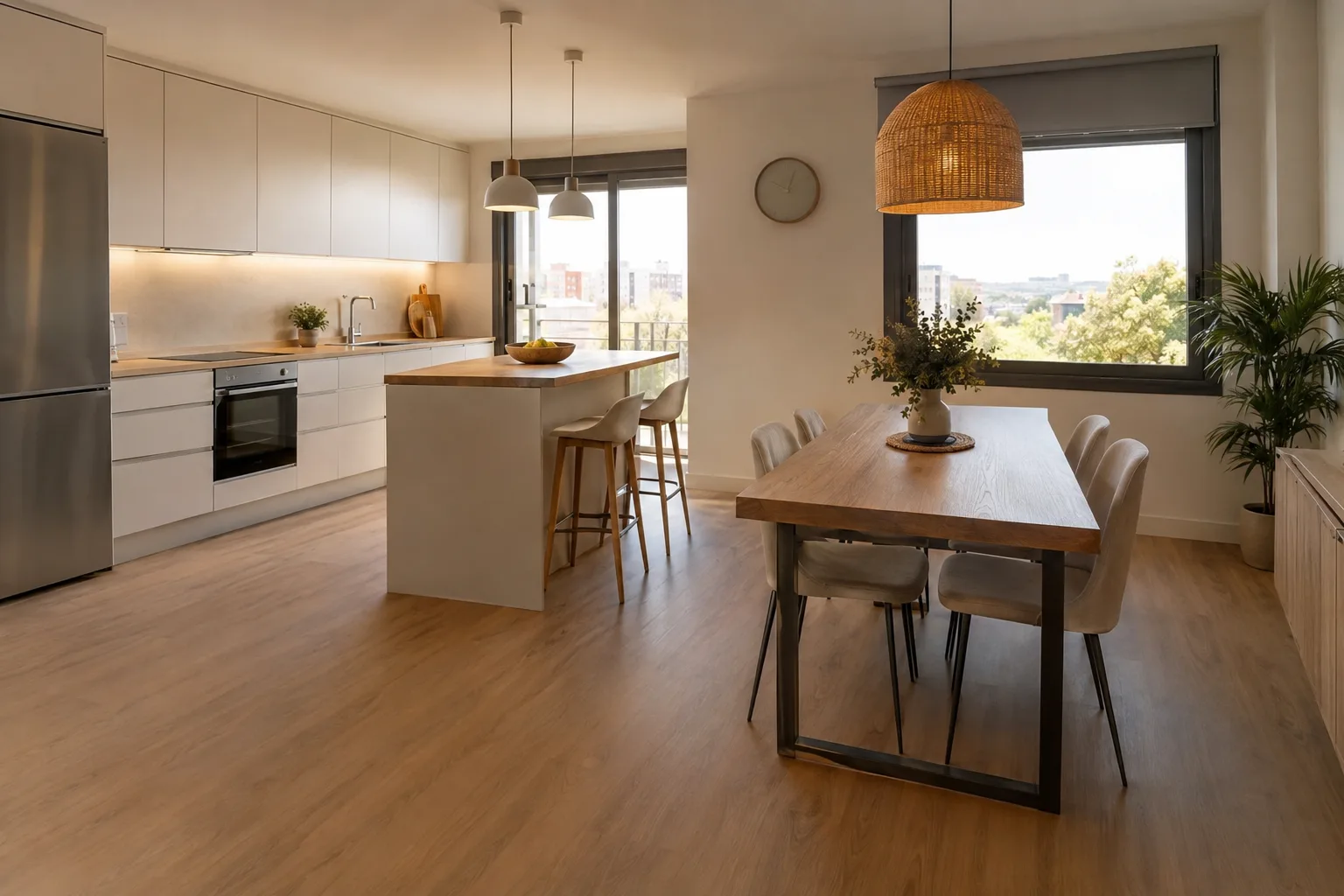 Suelo vinílico efecto madera en cocina y comedor