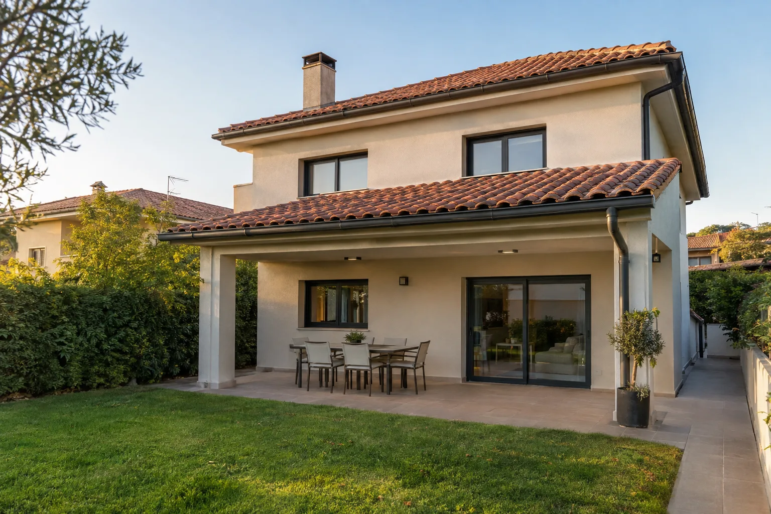 Casa con el tejado reparado y canalones nuevos
